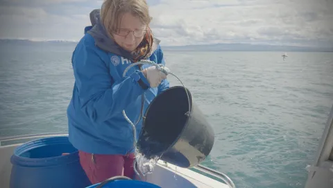 Marianne Rasmussen doing research out at sea.