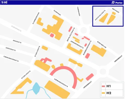 Map of parking spaces on University of Iceland campus