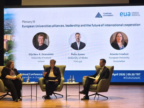 Silja Bára R. Ómarsdóttir, Rector of UI, taking part in a plenary session at a EUA conference.