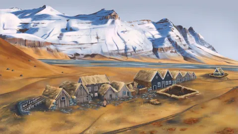 teiknuð mynd af fjalli og bóndabæ