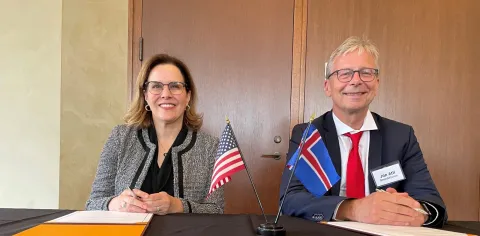 Jón Atli Benediktsson, Rector of the University of Iceland, and Joan T.A. Gabel, President of the University of Minnesota