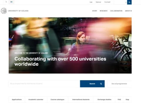 Screenshot of University's new english web page, 23 March 2018.
