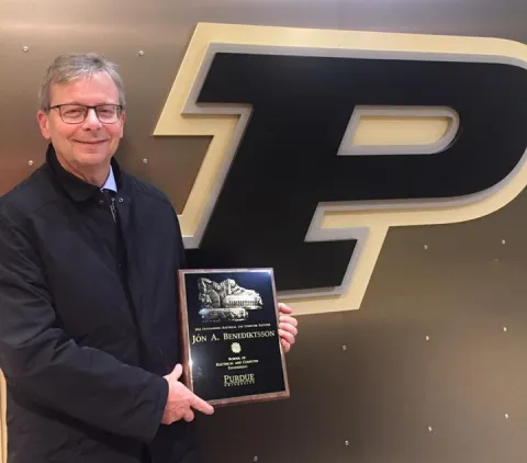 Jón Atli Benediktsson, Rector, with the 2016 Electrical & Computer Engineering Awards from the Purdue School of Electrical & Computer Engineering