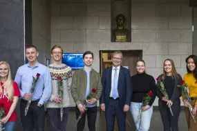 Ten of the twelve students from the University of Iceland who will study at Stanford University this summer with the rector.