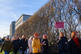 Women going on strike 2023 walking from the University to join other women