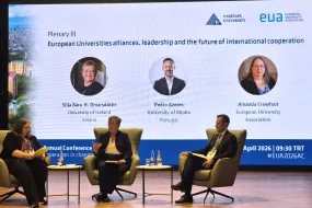 Silja Bára R. Ómarsdóttir, Rector of UI, taking part in a plenary session at a EUA conference.