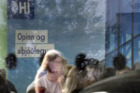 People on University centre, seen from outside the window