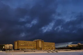 University of Iceland main building in the winter darkness