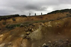 Three persons walking out in the wild nature