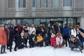 Gró gest students outside of Veröld, house of Vigdís