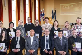 Grantees with Watanabe himself, members of the board, the Ambassador of Japan and Rector of the University of Iceland.
