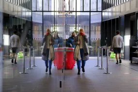 People in University centre during covid-19 pandemic, with face masks