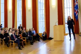 Urður Njarðvík giving a lecture in University of Iceland main building