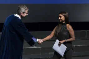 Graduation ceremony at University of Iceland. Jón Atli Benediktsson rector congratulating one of the candidates