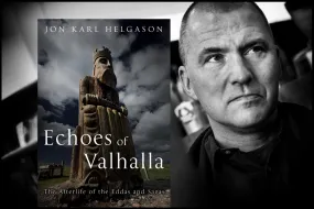 Jón Karl Helgason and a book cover of Echoes of Valhalla