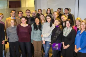 Friðrika Harðardóttir and Daði Már Kristófersson with a group of students.