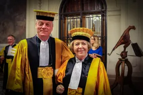 Vigdís Finnbogadóttir with Professor Karl Gadeli, who appointed her as Doctor Honoris Causa.