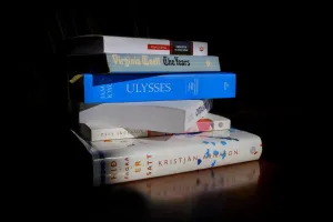 Books in a black background