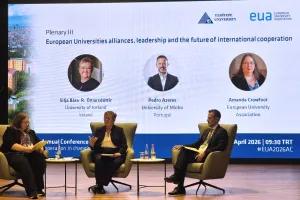 Silja Bára R. Ómarsdóttir, Rector of UI, taking part in a plenary session at a EUA conference.