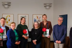 Grant recipients and their representatives with the Rector and the current and incoming Deans of the School of Humanities and a School of Humanities project manager.
