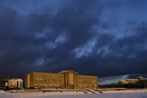 University of Iceland main building in the winter darkness
