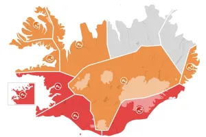 Map of Iceland showing red weather alert
